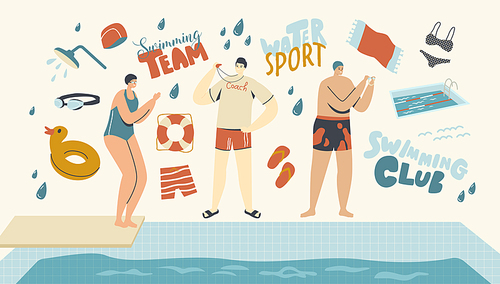 Swimming Class Coach Teaching Swimmers Characters in Pool. Woman Stand at Poolside Wear Swimming Hat and Glasses Prepare to Jump. Training, Learning to Swim, Sport. Linear People Vector Illustration