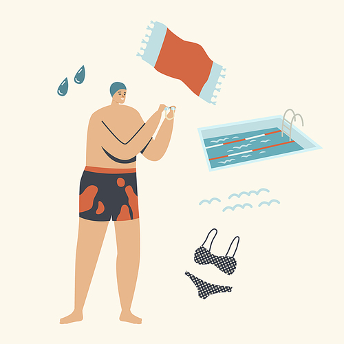 Swimming Class Concept with Male Swimmer in Pool. Man Character Stand at Poolside Wear Swimming Hat and Glasses Prepare to Jump. Training, Learning to Swim, Sport. Linear People Vector Illustration