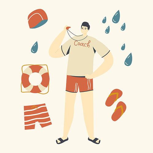 Swimming Sport Class Coach Teaching Swimmers Characters in Pool. Trainer in Sports Wear with Whistle Stand at Poolside Conduct Swimming Training and Teach People to Swim. Linear Vector Illustration