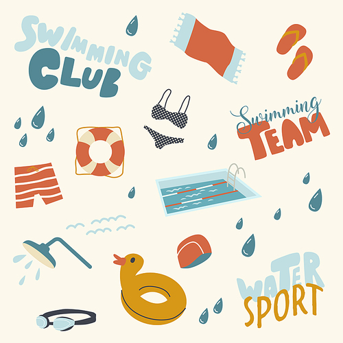Water Sport Icons Set Towel, Inflatable Rubber Duck Ring and Bikini Swimwear with Shower Head and Slippers. Hat, Glasses and Lifebuoy with Swimmer Shorts, Swimming Club. Linear Vector Illustration
