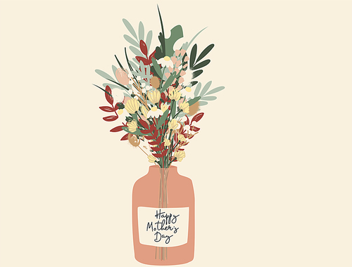 illustration of bouquet with flowers in vase near happy mothers day lettering on beige,stock illustration