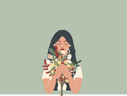 illustration of woman holding bouquet of flowers on grey background,stock illustration