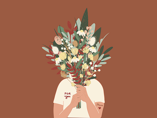 illustration of person in t-shirt with for you lettering holding bouquet of flowers,stock illustration