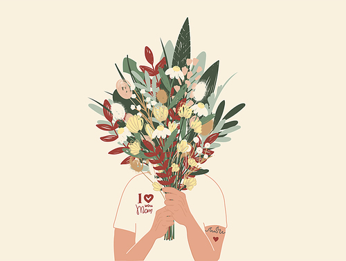 illustration of person in i love you mom t-shirt holding bouquet of flowers,stock illustration