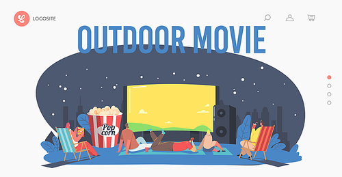 Characters Spend Night with Friends at Outdoor Movie Theater Landing Page Template. People Watching Film on Big Screen with Sound System. Open Air Cinema at House Backyard. Cartoon Vector Illustration