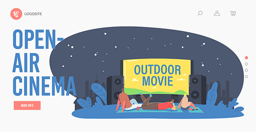 Open Air Cinema at House Backyard Landing Page Template. Characters Spend Night with Friends at Outdoor Movie Theater. People Watching Film on Big Screen with Sound System. Cartoon Vector Illustration