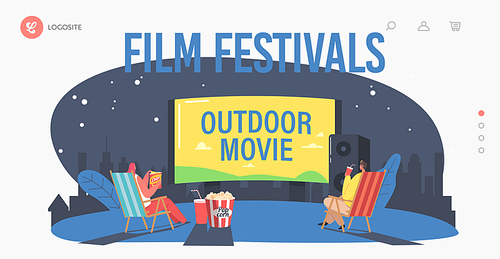 Film Festival Landing Page Template. People with Pop Corn in Open Air Cinema. Characters Spend Night at Outdoor Movie Theater Watching Film on Big Screen with Sound System. Cartoon Vector Illustration