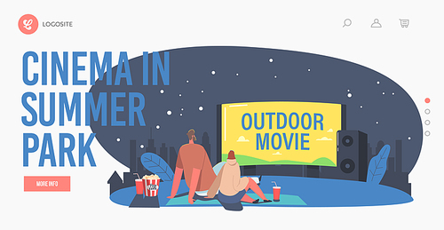 Couple with Pop Corn and Drink in Open Air Cinema at Summer Park Landing Page Template. Characters Spend Night at Outdoor Movie Theater Watching Film on Big Screen. Cartoon People Vector Illustration