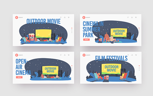 Characters with Friends at Outdoor Movie Theater Landing Page Template Set. People Watching Film on Big Screen with Sound System. Open Air Cinema at House Backyard. Cartoon Vector Illustration