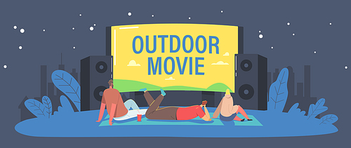 Open Air Cinema at House Backyard or City Park Concept. Characters Spend Night with Friends at Outdoor Movie Theater. People Watching Film on Big Screen with Sound System. Cartoon Vector Illustration