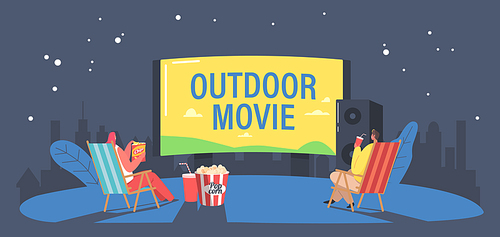 People with Pop Corn in Open Air Cinema at House Backyard or City Park. Characters Spend Night at Outdoor Movie Theater Watching Film on Big Screen with Sound System. Cartoon Vector Illustration