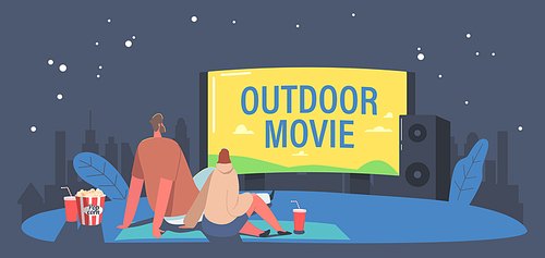 Couple with Pop Corn and Soda Drink in Open Air Cinema at Backyard. Characters Spend Night at Outdoor Movie Theater Watching Film on Big Screen with Sound System. Cartoon People Vector Illustration