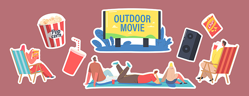 Set of Stickers Outdoor Movie, Open Air Cinema Theme. Characters Sitting on Ground front of Big Screen Watching Film, Pop Corn Bucket, Soda Drink Cup, Dynamics. Cartoon People Vector Illustration