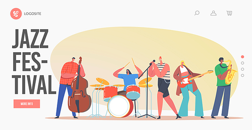 Jazz Festival Landing Page Template. Music Band on Stage Performing Concert. Artists Characters with Musical Instruments Guitar, Contrabass and Sax Player Accompany. Cartoon People Vector Illustration