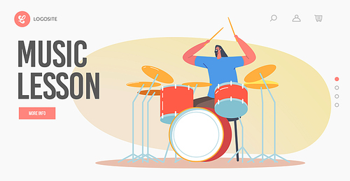 Music Lesson Landing Page Template. Education of Percussion Instrument. Drummer Playing Hard Rock with Sticks on Drum. Talented Musician Character Performing Show on Stage. Cartoon Vector Illustration