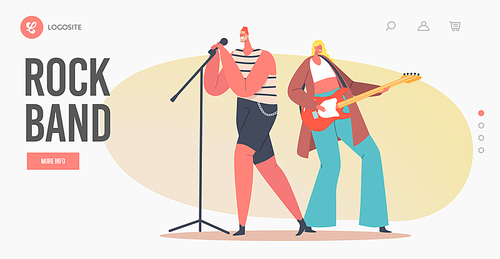 Rock Band Landing Page Template. Woman Guitar Player and Man Singer with Microphone Singing Song on Stage. Vocalist and Guitarist Characters Musical Entertaining. Cartoon People Vector Illustration