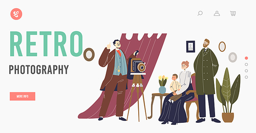 Retro Photography Landing Page Template. Vintage Photographer Shoot Victorian Family Mother, Father and Child Characters Posing for Photo Album in Living Room. Cartoon People Vector Illustration
