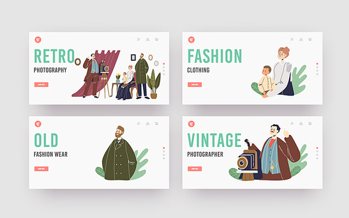Retro Photography Landing Page Template Set. Vintage Photographer Shoot Victorian Family Mother, Father and Child Characters Posing for Photo Album in Living Room. Cartoon People Vector Illustration