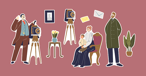 Set Vintage Photographer with Retro Camera on Tripod, Victorian Ages Mother, Father and Child Characters Family Wearing Antique Costumes Posing for Photo Album. Cartoon People Vector Illustration