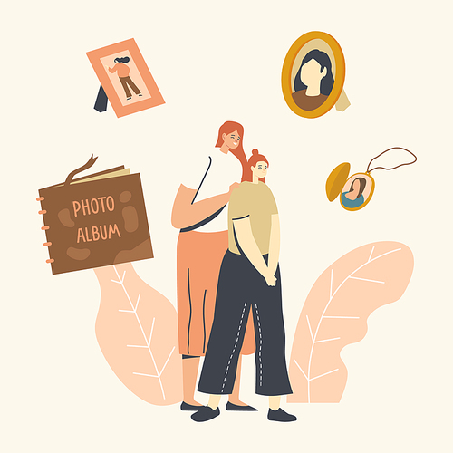 Mother Hugging Teen Daughter Surrounded with Photo Album, Family Pictures in Frame and Medallion, Family Characters Visiting Salon for Making Photo for Long Memory. Linear People Vector Illustration