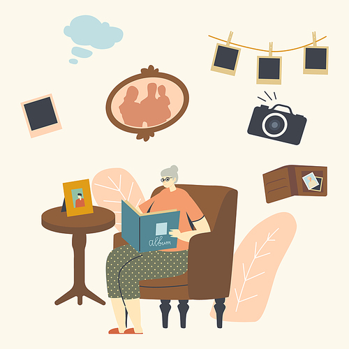 Senior Woman Character Sitting on Couch Watching Family Album with Pictures in Room, Aged Granny Remembering Past. Grandmother Sitting in Armchair at Table with Photo Frame. Linear Vector Illustration