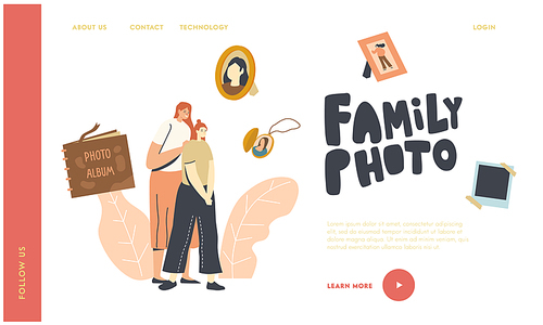 Family Characters Visiting Salon for Making Photo Landing Page Template. Mother Hugging Teen Daughter Surrounded with Album, Family Pictures in Frame and Medallion. Linear People Vector Illustration