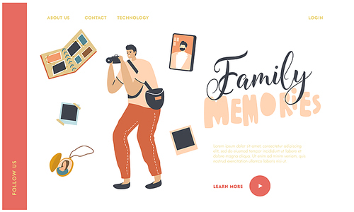 Man Photographer with Photo Camera Making Picture for Family Album Landing Page Template. Hobby, Profession, Male Character with Medallion, Pictures and Smartphone, Memory. Linear Vector Illustration