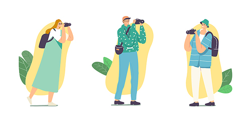 Set Various Photographers with Photo Camera. Creative Profession or Occupation. Female or Male Characters Photographing Take Photo Shot. Creative Hobby, Traveling. Cartoon People Vector Illustration