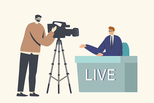 Reportage, Live Stream Broadcasting in Production Studio. Mass Media Television with Tv Presenter Character and Cameraman Shooting Global Business Breaking News. Cartoon People Vector Illustration