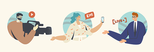 Live Stream Concept with Cameraman, Woman with Smartphone and Anchorman Characters. Video or News Online Broadcasting, Journalism or Vlogging Activity, Reportage. Cartoon People Vector Illustration