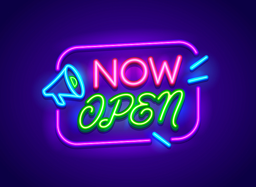 Now Open Banner, Neon Glowing Signboard with Megaphone. Information Message, Sign for Night Club, Store, Shop or Business Company Service. Typography Design Label for Restaurant. Vector Illustration