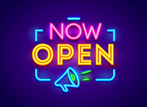 Now Open Typography, Glowing Neon Banner Isolated on Blue Background. Sign for Store, Shop Door or Business Company Service. Design Label or Placard for Restaurant or Supermarket. Vector Illustration