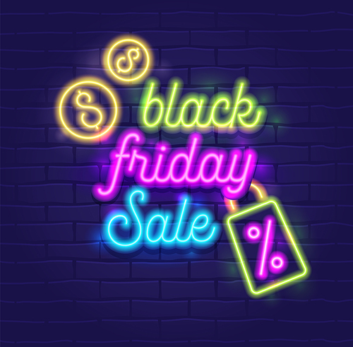Black Friday Sale Banner with Highly Detailed Realistic Neon Glowing Typography on Dark Blue Brick Wall Background. Flyer Poster for Discount Offer Promotion or Leaflet Design. Vector Illustration
