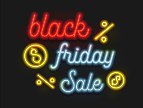 Black Friday Sale Neon Typography with Percent and Dollar Icons for Discount Offer Poster. Creative Banner with Glowing Inscription on Black Background. Shiny Colorful Signboard Vector Illustration