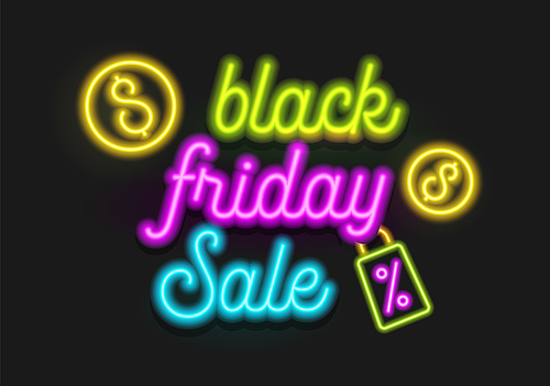 Black Friday Sale Neon Glowing Typography with Percent Price Tag and Dollar Icons for Discount Off Creative Banner. Shining Inscription on Black Background. Fluorescent Signboard Vector Illustration