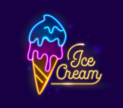 Ice Cream Neon Light Retro Typography Banner Design. Icecream Dessert Night Illuminated Glowing Sign. Fruit Sundae in Cone Food Element for Summer Advertising Poster Flat Cartoon Vector Illustration