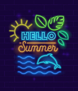 Hello Summer Banner with Neon Style Glowing Elements and Typography on Brick Wall Background. Shining Sun, Tropical Leaves and Dolphin in Sea Waves. Beach Party Flyer, Poster, Vector Illustration