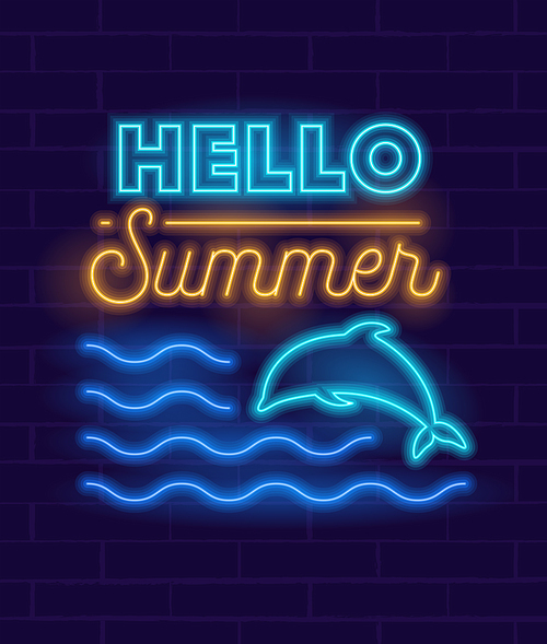 Glowing Neon Sign or Logo for Decoration of Summertime Begin Party with Glowing Dolphin Jumping in Ocean Waves for Club or Bar on Dark Background with Hello Summer Typography. Vector Illustration