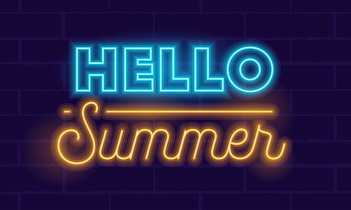 Hello Summer Highly Detailed Realistic Neon Glowing Typography on Dark Blue Background. Banner, Flyer, Poster for Summertime Entertainment Promotion or Element for Leaflet Design. Vector Illustration