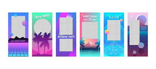 Summer Vacation Editable Templates Set in Vaporwave Style. Modern Unique Cyberpank Design Backgrounds for Social Media Stories Banners and Digital Marketing Advertising Promotion, Vector Illustration.
