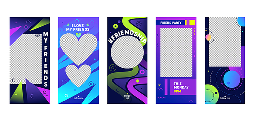 Instagram Story Colorful Template Mobile App Page Onboard Screen Set. Friendship Blue Violet Green Design Banner. Can Use Social Media Background Website or Web Page. Flat Cartoon Vector Illustration