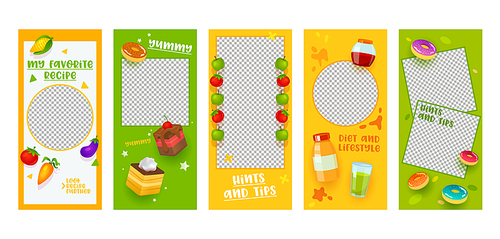 instagram story template food weight loss recipe mobile app page onboard screen set. colorful fruit vegetable cake idea design. social media background website or web page. flat cartoon vector illustration