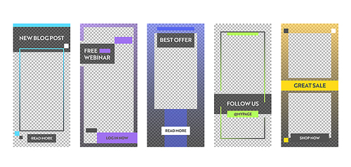 Instagram Story Best Sale Offer Mobile App Page Onboard Screen Set. Fun Modern Square Blue Yellow Green Design. Social Media Background Website or Web Page. Flat Cartoon Vector Illustration