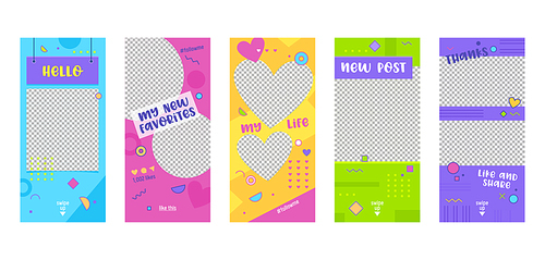 Instagram Story Colorful Template Mobile App Page Onboard Screen Set. Modern Pink Green Yellow Design. Can Use Social Media Background Website or Web Page. Flat Cartoon Vector Illustration