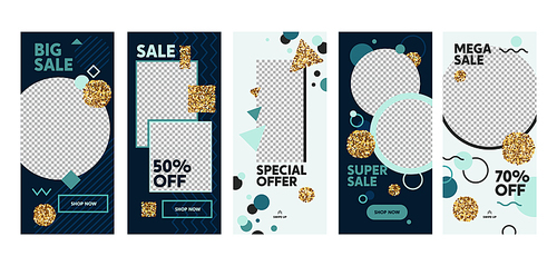 Instagram Story Super Sale Offer Mobile App Page Onboard Screen Set. Fun Modern Glitter Circle Square Blue Design. Social Media Background Website or Web Page. Flat Cartoon Vector Illustration