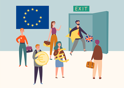 Uk Exit European Union, Brexit Symbol Concept. Man Leave Eu Take Star. Britain National Politics Referendum Agreement Result. People Hold Currency Sign Flat Cartoon Vector Illustration
