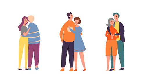 People Couple Character Hug Set. Family Lover Pair Group Talk Together. Adult Boyfriend Walk with Girlfriend in Romantic Valentine Date. Happy Relationship Flat Cartoon Vector Illustration