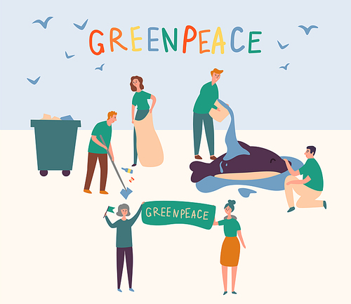 Greenpeace People Set Clean up Land Save Animal. Volunteer Group Prevent Global Pollution World and Pour Water Dolphin. Woman Hold Problem Eco Bio Lifestyle Banner. Flat Cartoon Vector Illustration