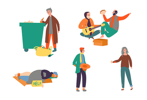 Set Homeless Poor Man Woman Begging Money Street. Beggar People Composition with Trash Elderly Person Woman at Street Men Working for Food Isolated Flat Cartoon Vector Illustration