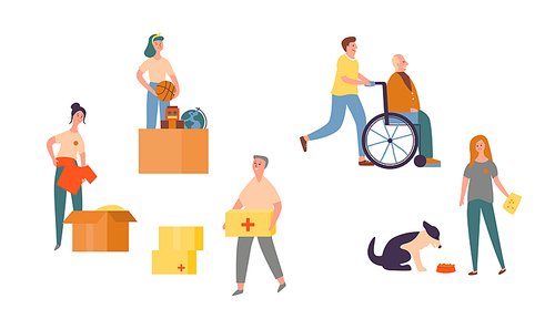 People Character Volunteer Care for Senior Set. Needy Community Help Center. Charity to Animal to Support Homeless Dog. Citizen Donate Clothes to Older in Wheelchair Flat Cartoon Vector Illustration